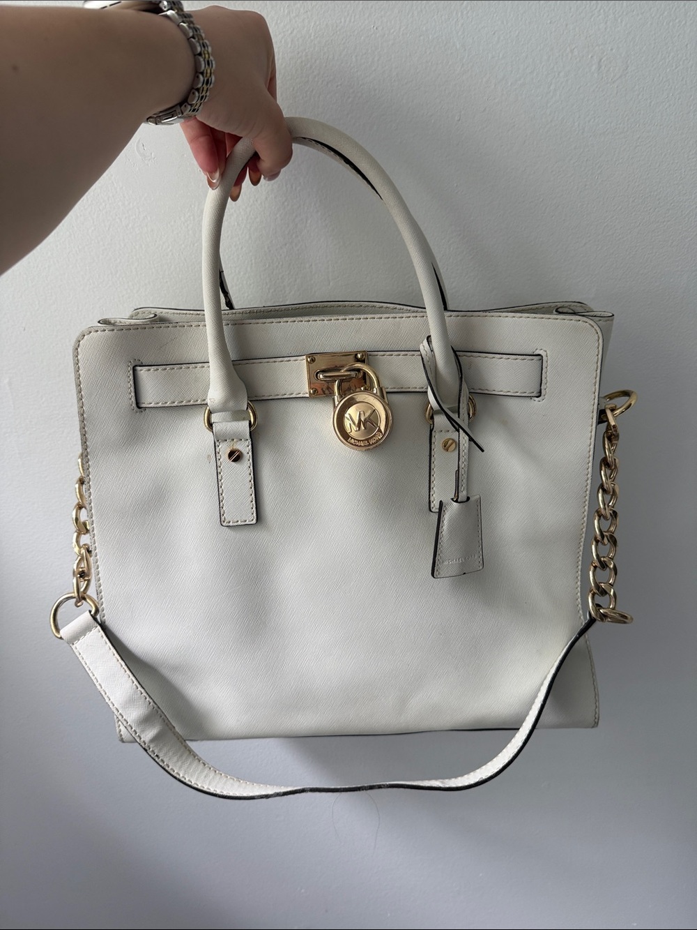 Michael Kors Cream Leather Satchel with Gold Hardware